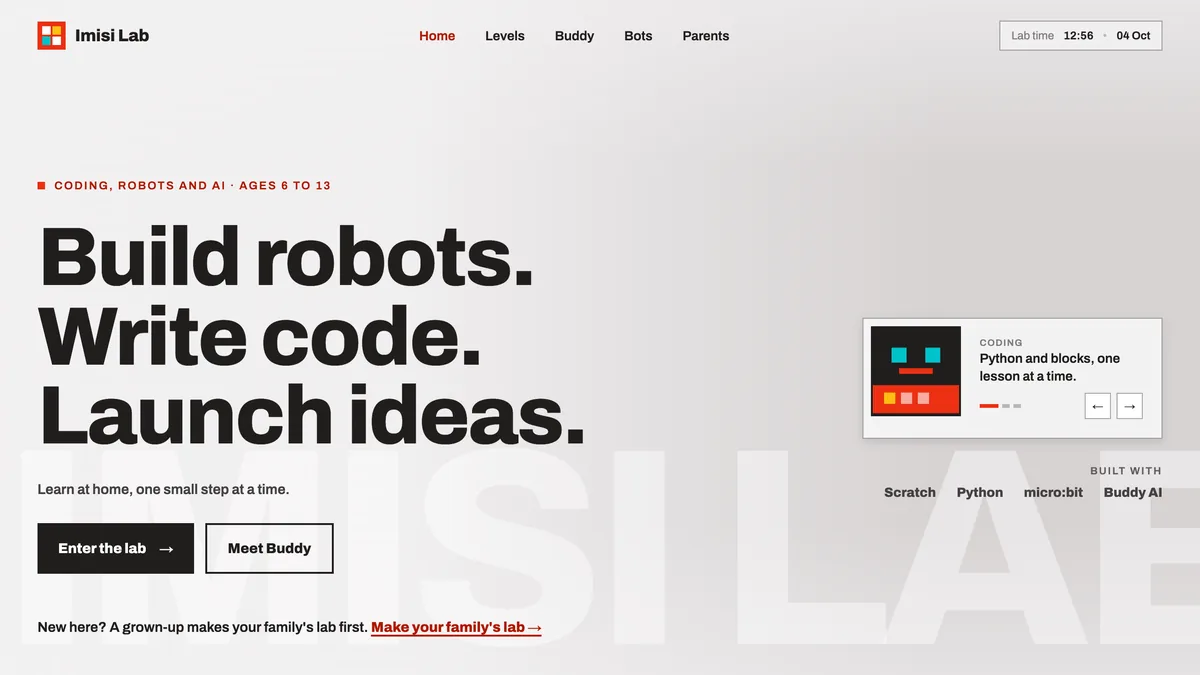 The Imisi Lab home page: Build robots. Write code. Launch ideas.